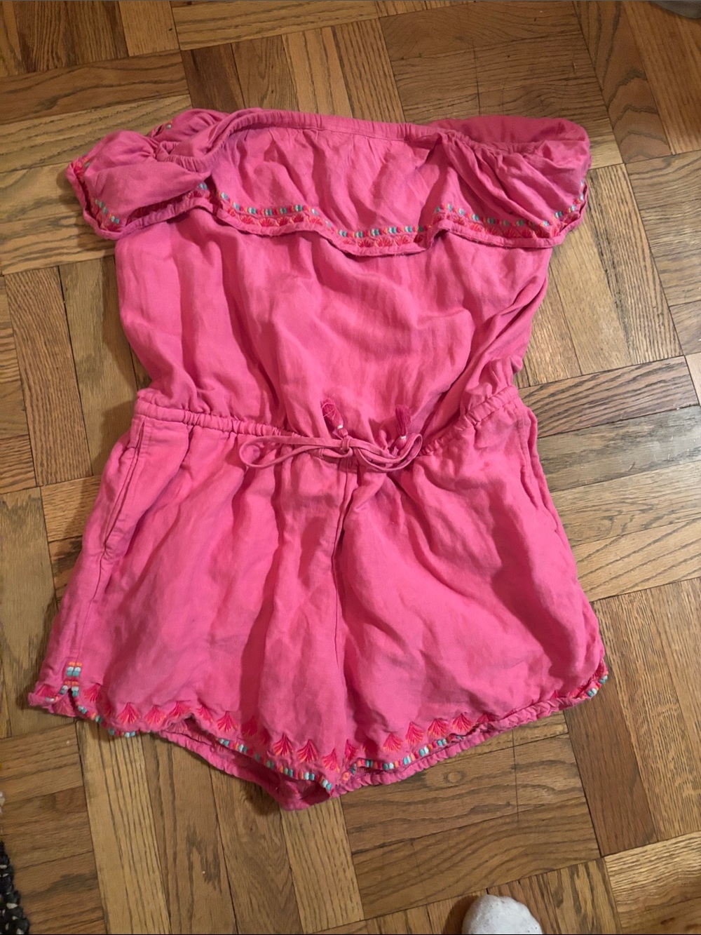 Vineyard Vines Pink Strapless Short Romper with Embroidered Trim